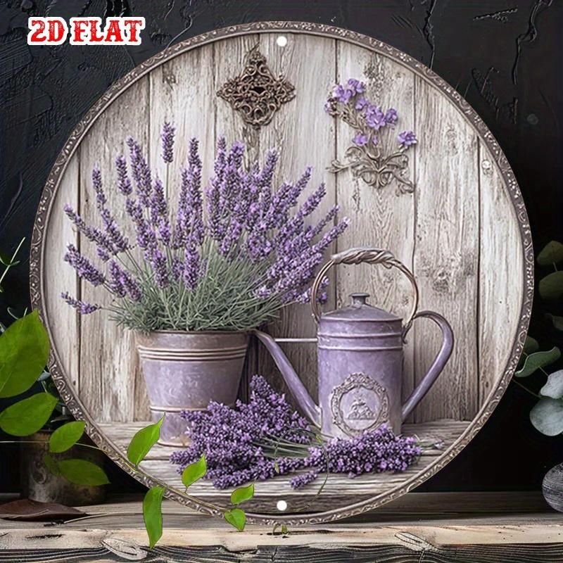 D Flat Metal Sign Retro Vintage Lavender Flower and Watering Can Metal Wall Art Rustic Farmhouse Purple Floral Design Tin Pla