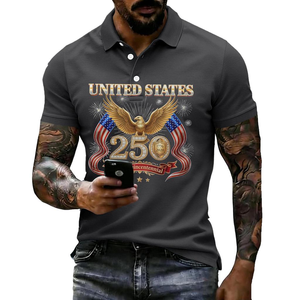 Men's Casual Polo Shirt Short Sleeve Flag Print Lightweight Breathable Comfortable Summer Top with Button Collar