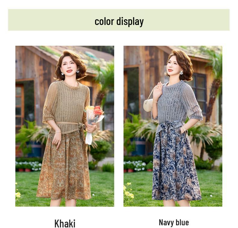 Mother's Summer Fashion: Elegant Hollow-Out Top & Printed Skirt Set for a Youthful Style