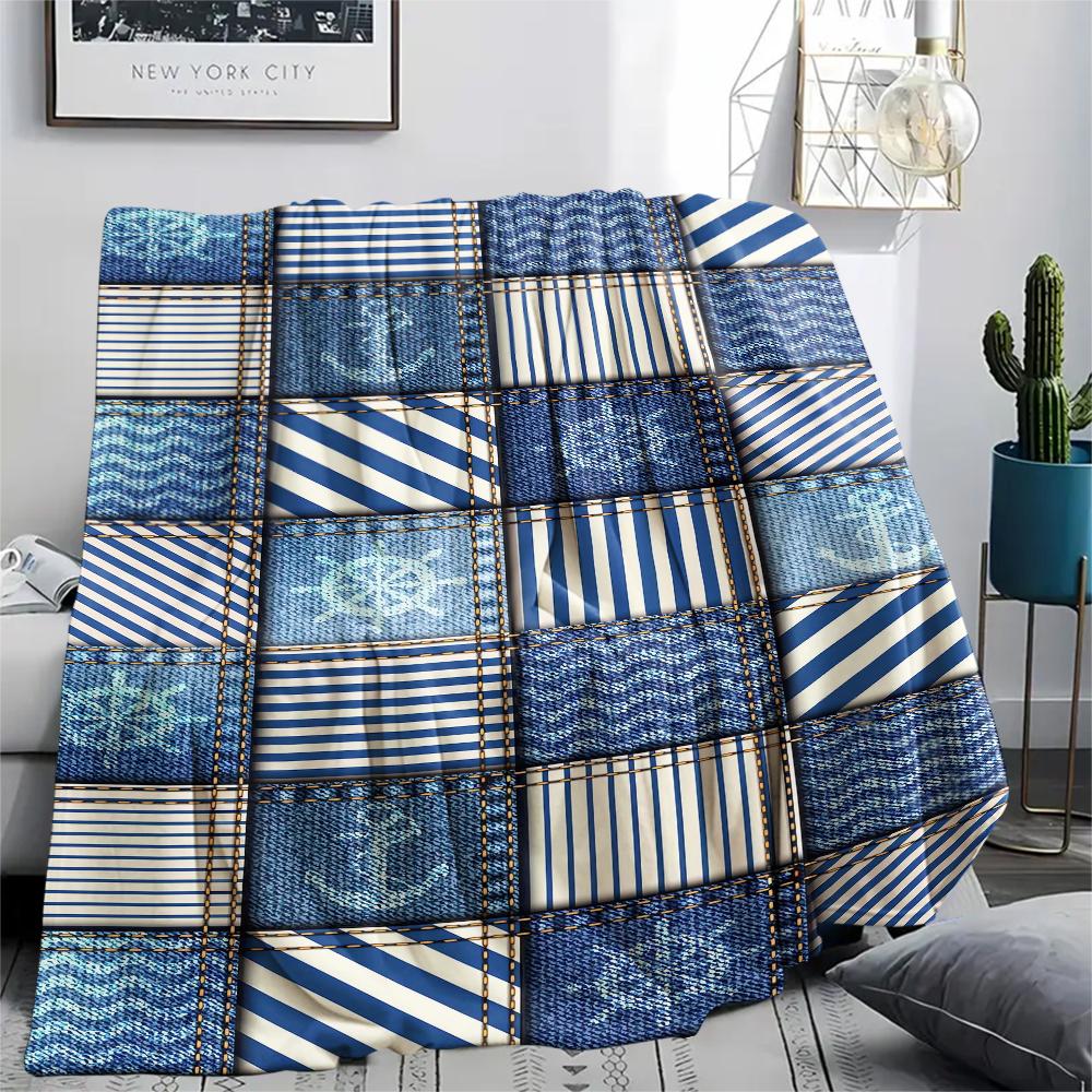 1Pc Nautical Print Flannel Blanket, High quality Comfortable for All Seasons, Home Decor, Warmth and Comfort, Perfect for Christmas Gifts