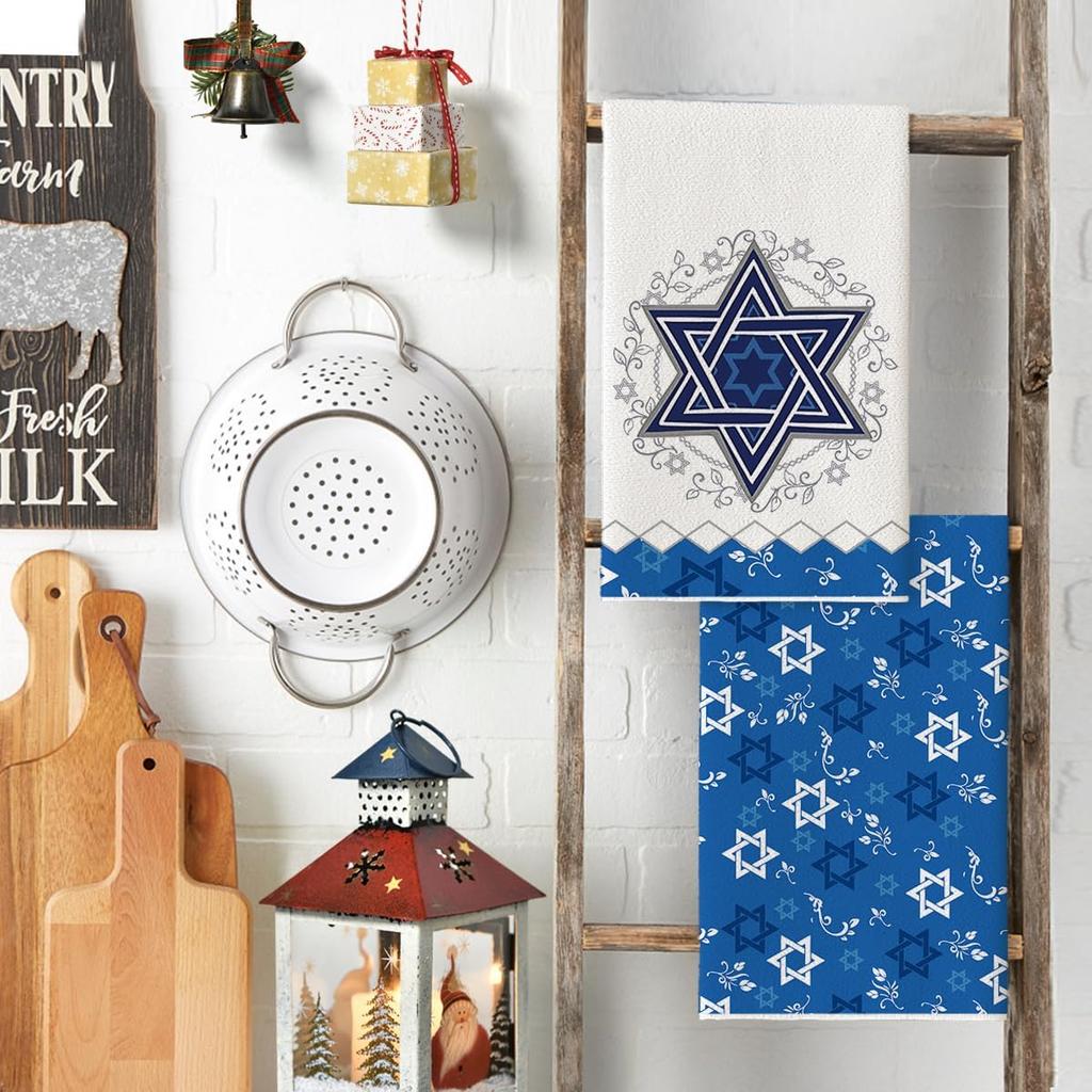 Artoid Mode Lingge Star Leaves Hanukkah Kitchen Towels Dish Towels, 18x26 Inch Farmhouse Holiday Decoration Cleaning Set of 2
