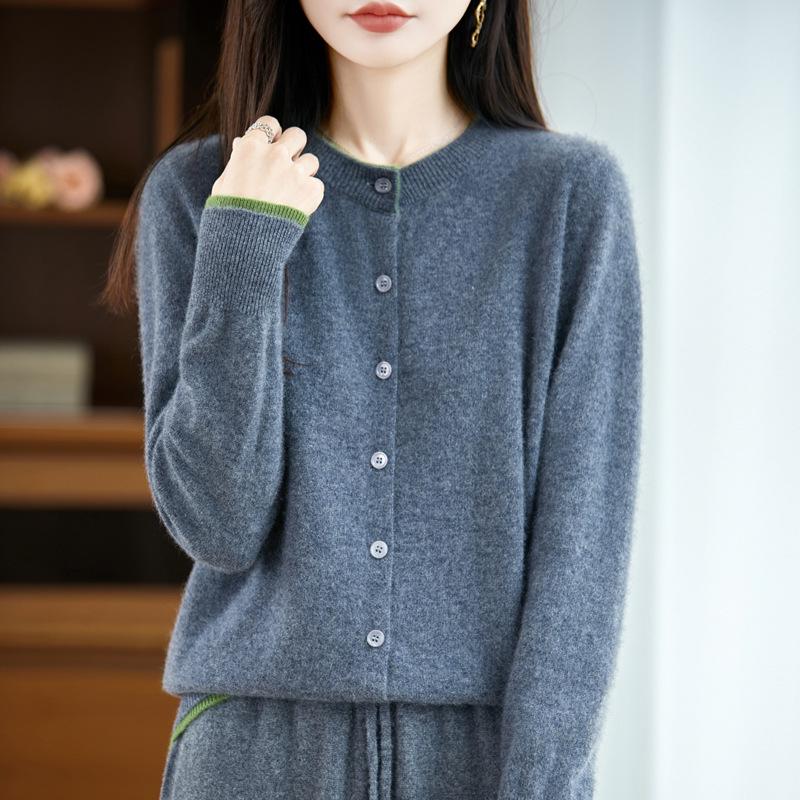Women's 100% Wool Color Block Round Neck Sweater - Knit Long Sleeve Loose Pullover for Autumn/Winter
