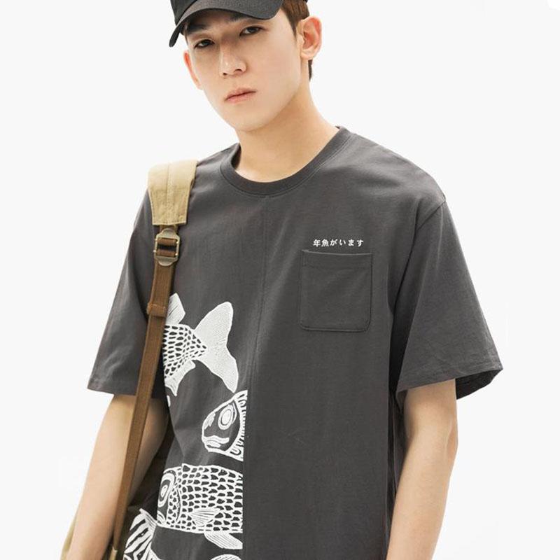 Japanese Cotton T-shirts Mackerel Print Patchwork Tees Summer Oversized O-neck Short Sleeve Casual Shirts Men Clothing