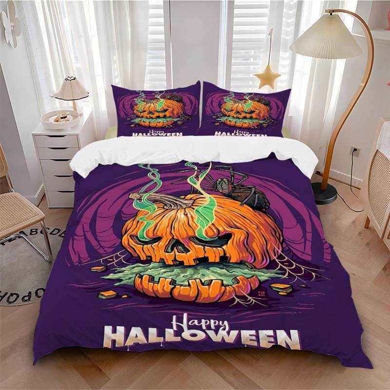 3pcs Halloween Pumpkin Duvet Cover Set - Machine Washable, Includes 1 Cover and 2 Pillowcases, No Core Included Yy251013063