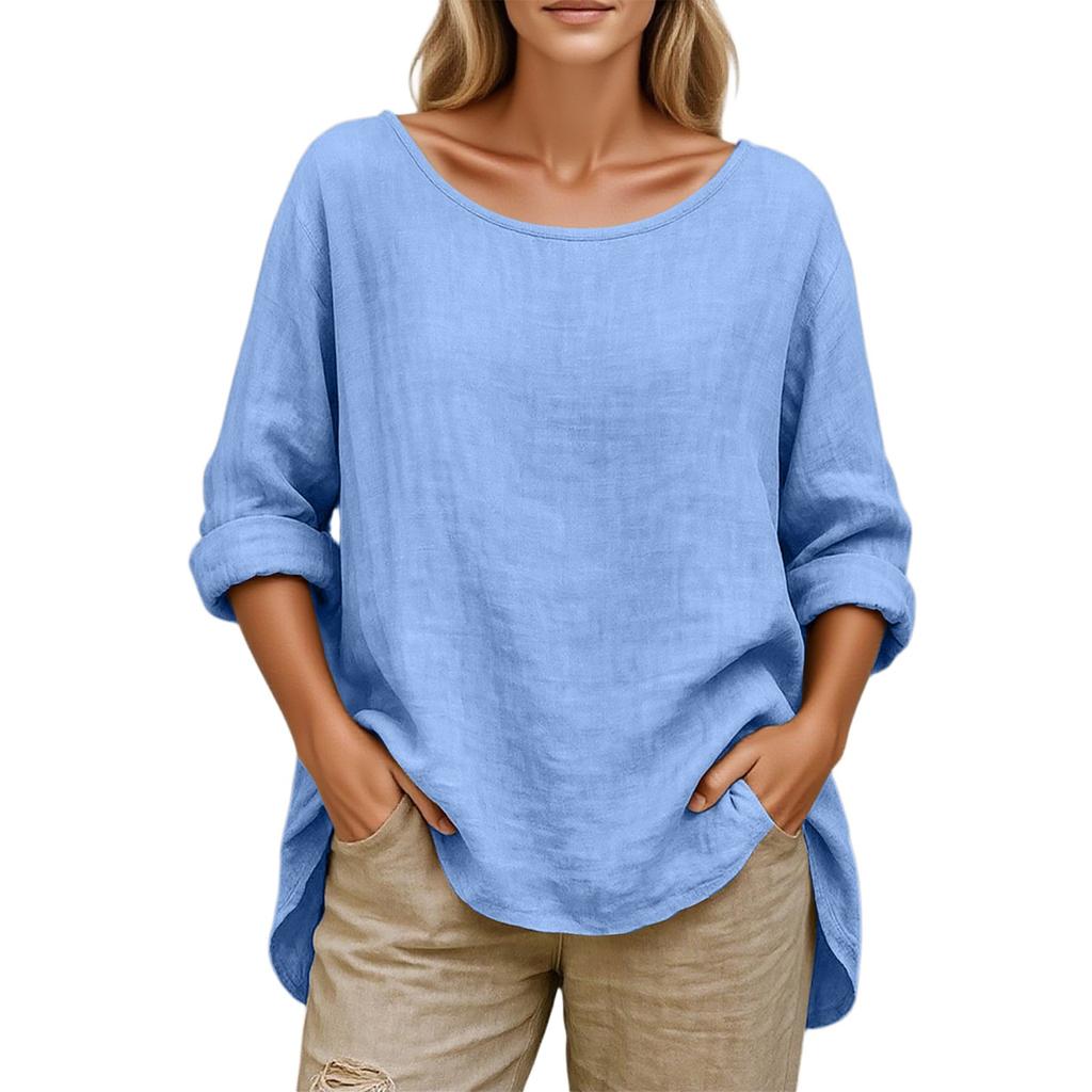 Women's Fashionable Round-neck Long-sleeved Solid-color Pullover Casual Top