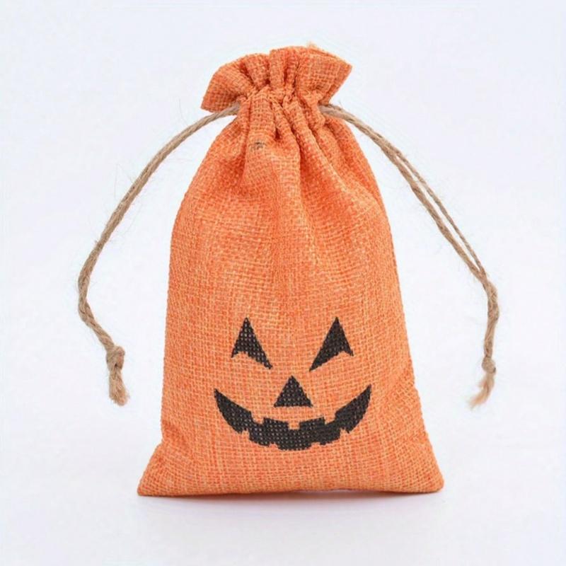 4 PCS Halloween Pumpkin Burlap Bags with Drawstring,Treat Bags Linen Goody Bags Candy Pouches  Halloween Party Favors Small Bags