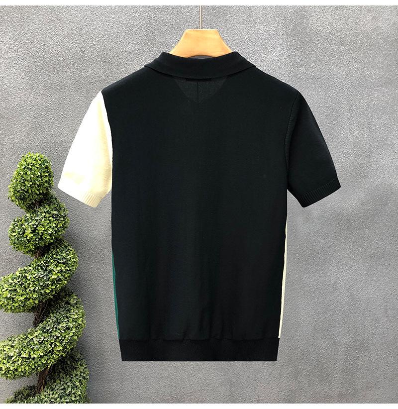 Men's Trendy British Color Block Stripe Ice Silk Polo Shirt