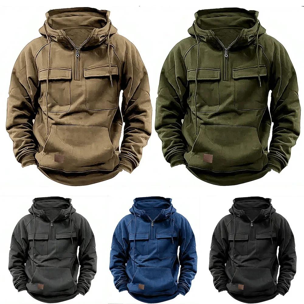 Hoodies Solide Warme Fleece Halbreißverschluss Herren Kapuzenjacken Sweatshirts Mehrere Taschen Dicke Outdoor Polar Übergröße