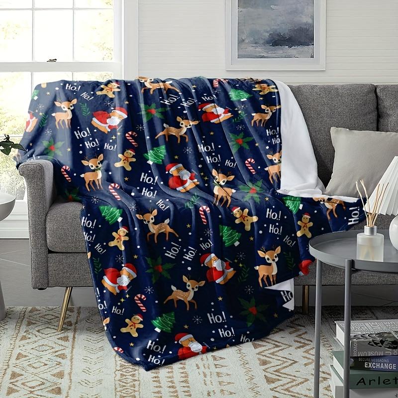 1 Christmas-themed Blanket Decorated with Santa Claus Reindeer Gingerbread Men and Candy Cane Patterns In Navy Blue