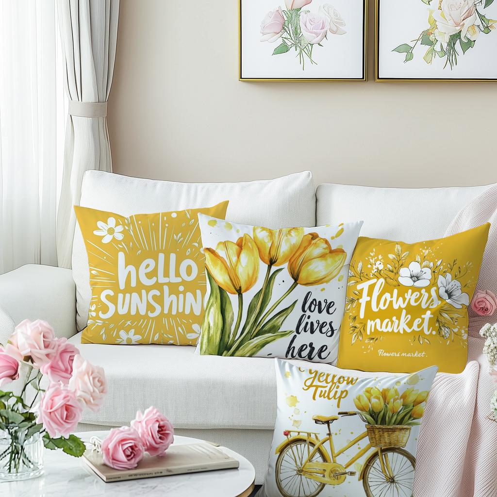 Yellow Tulip Energetic PillowcasesBedroom Living Room Sofa Home Decor Polyester Cushion Cover with Zipper