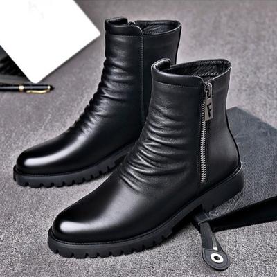 Botas Masculinas de Cano Alto Botas de Couro Genuíno Botas Estilo Britânico Bota Social Moda Casual Bota de Vestir Pelúcia Quente Botas de Inverno para Homens