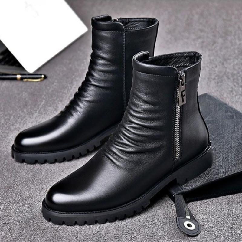 Men's High Top Boots Genuine Leather Boots British Style Business Boot Fashion Casual Dress Boot Plush Warm Winter Boots for Men