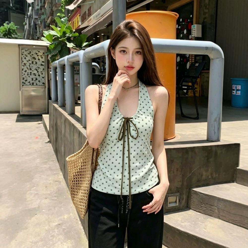 Korean star full print neck sling vest women's summer new design sense Spice girl wear inner lace-up top