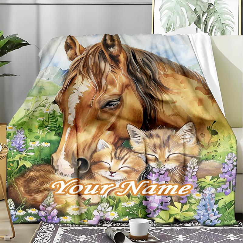 1PC Custom Name Horse Kitten Flowers Outdooor Flannel Blankets Patterns Throw Blanket All-Season Soft Gift for Couch, Bed, Camping Gifts