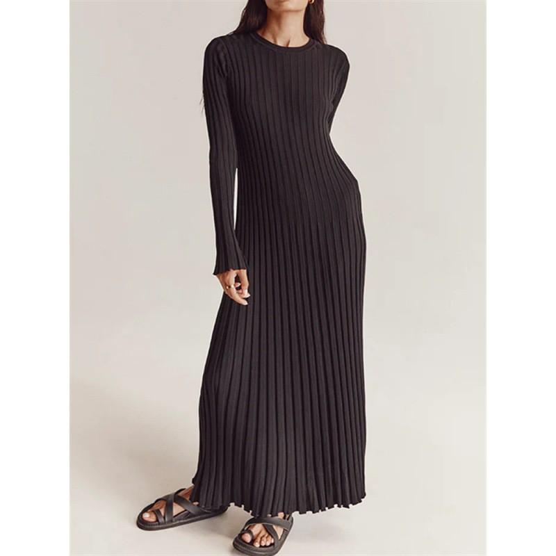 Long Sleeve Round Neck Ribbed Knit Bodycon Midi Dress High Waist Solid Color Sweater Women