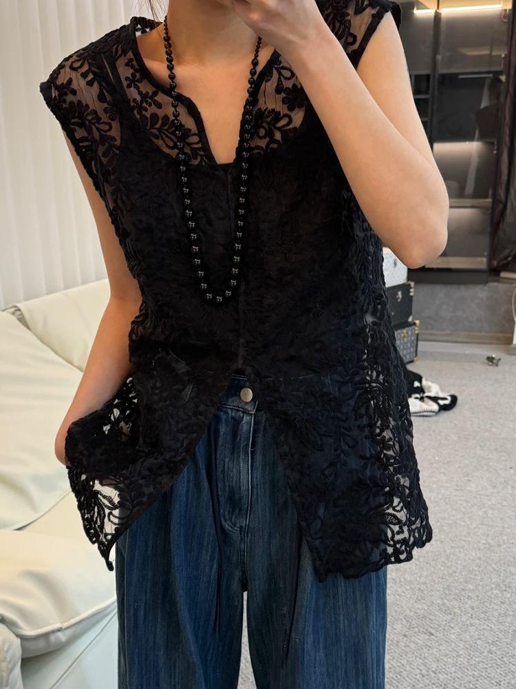 

Жіночий мереживний жакардовий безрукавний кардиган з V-подібним вирізом, багатошаровий - Літо 2025, висококласний універсальний жилет Large чорний