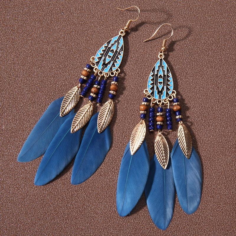Bohemian Water Drop Tassel Earrings: Long Feather Design with Rice Beads, Ethnic Style for Women - Perfect Travel and Holiday Accessory