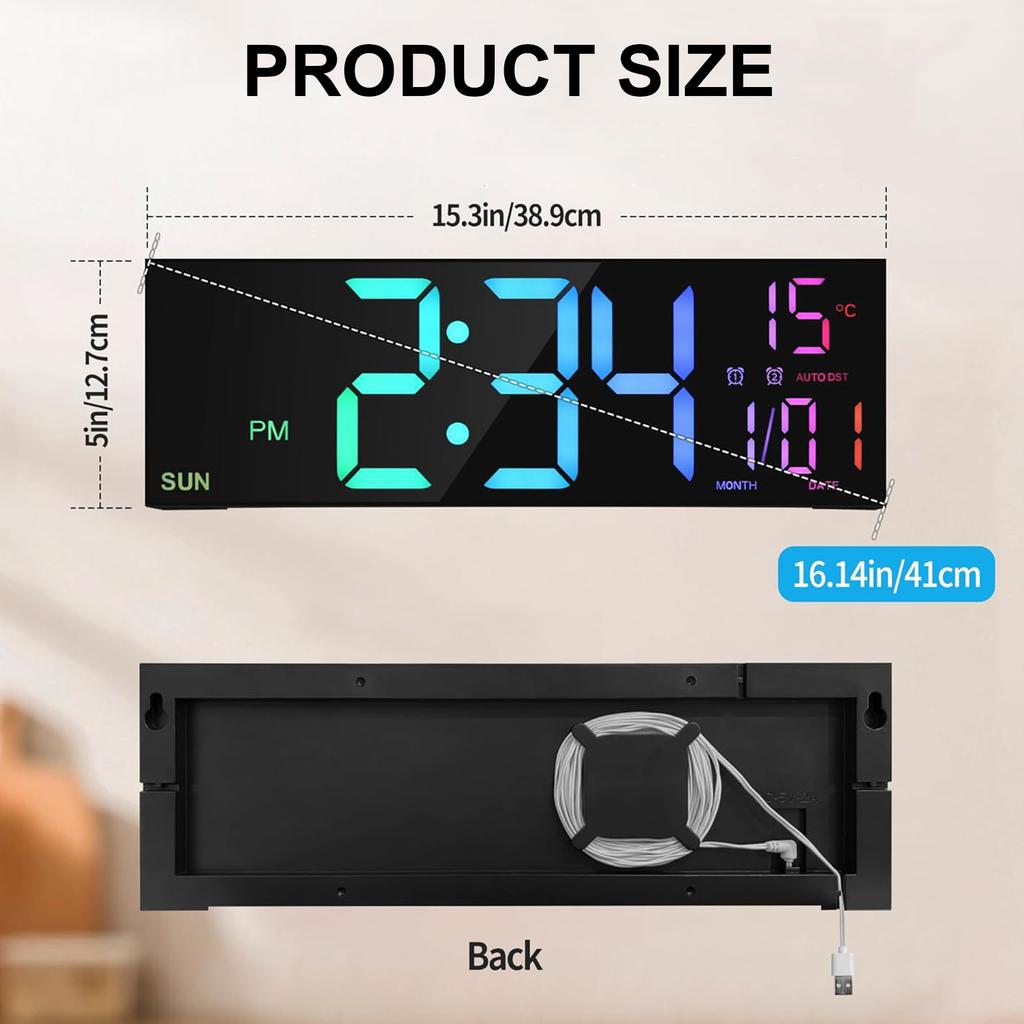 Modern LED Digital Clock 16" with RGB Lights 11 Scene Modes Big Display Dual Alarm Function and Room Temperature Feature