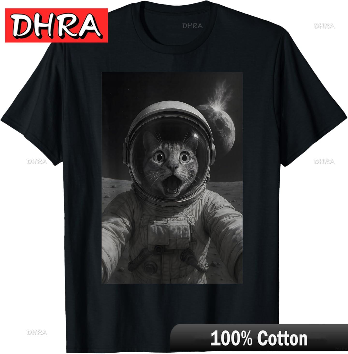 Selfie Cat Funny Astronaut on The Moon Space Cat TShirt Creative Tees Clothing for Couples TShirt Austria Camisetas Hombre S