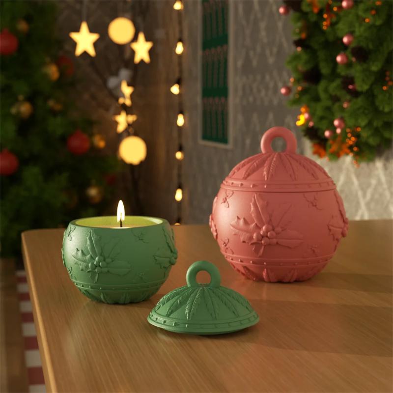 Relief Christmas Holly Berry Candle Cup Silicone Mold Snowflake Candle Holder Silicone Mold Cement Concrete Gypsum Making Mould