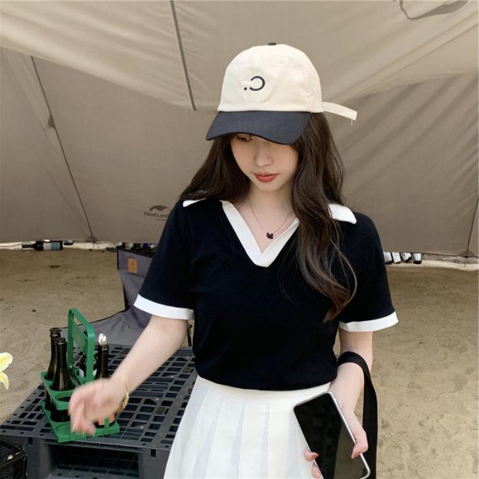 Summer Simple and Versatile Top POLO Shirt Fashionable and Stylish Solid Hue New Lapel Short-sleeved T-shirt for Ladies B Practical Use