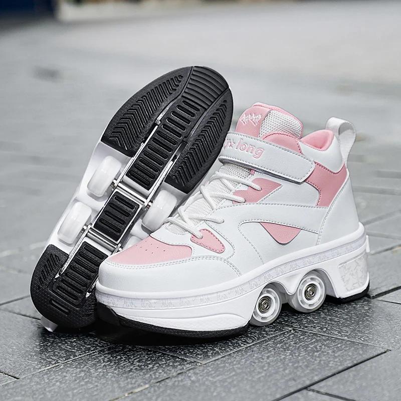 Women's High Top 4 Wheel Speed Roller Shoes Unisex Automatic Pop-up Sneakers With Wheels Dual-purpose Skating Casual Shoes