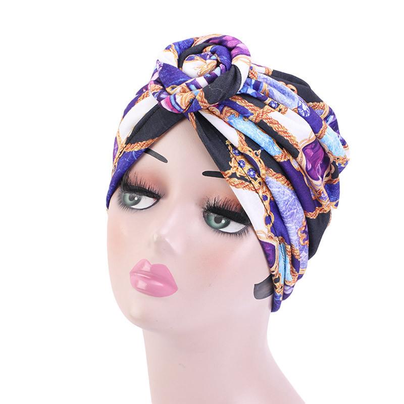 New Women African Print Pleated Turban Knotted Headwraps Elastic Head Scarf Floral Beanie Chemo Cap Bandana Headwear Hair Covers