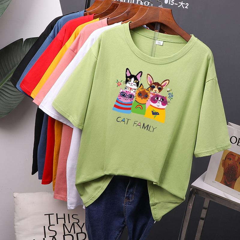 Cat Family Printed Cotton Cartoon T Shirts Women Summer Harajuku Kawaii Loose Tees for Girl Short Sleeve Casual Female Tops