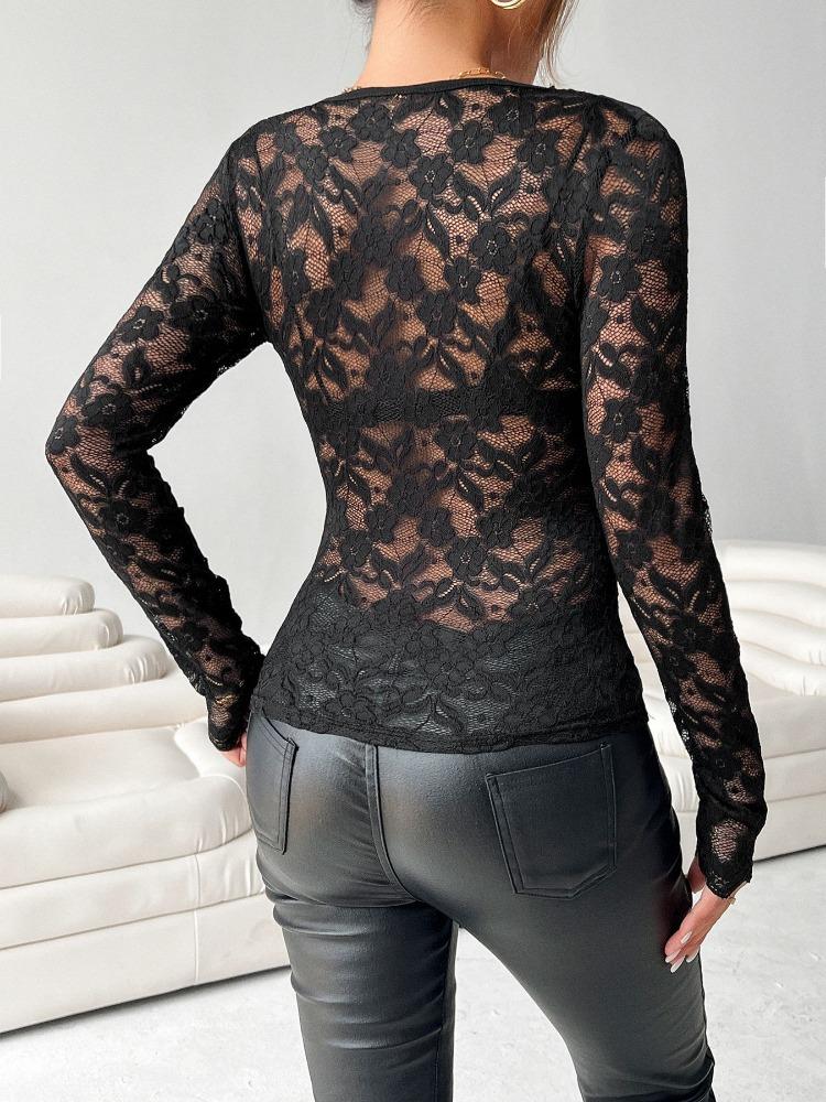 Women's V-neck Lace T-shirt Scalloped Collar Single-layer Solid Color Long-sleeved Slim Versatile Fashion Top