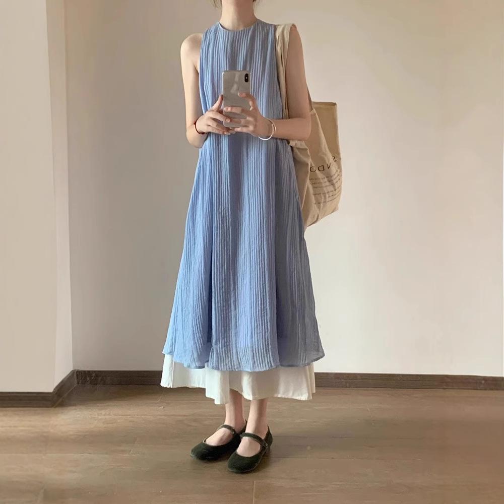 

French striped texture fake two-piece dress women s summer new loose and thin pendant temperament long skirt S синий