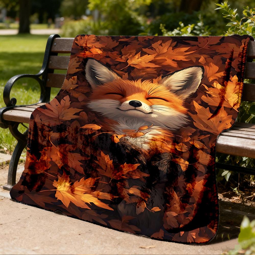 1pc Autumn Leaves, Fox Print Outdoor Blanket, Lightweight Polyester,