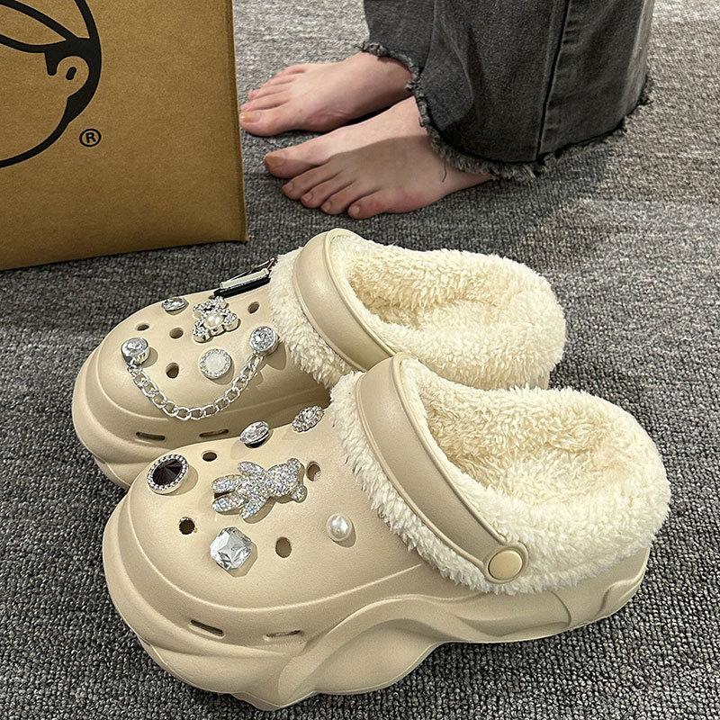 New velvet hole shoes women's winter non-slip outer wear cotton shoes heightened thick-soled home removable cotton slippers