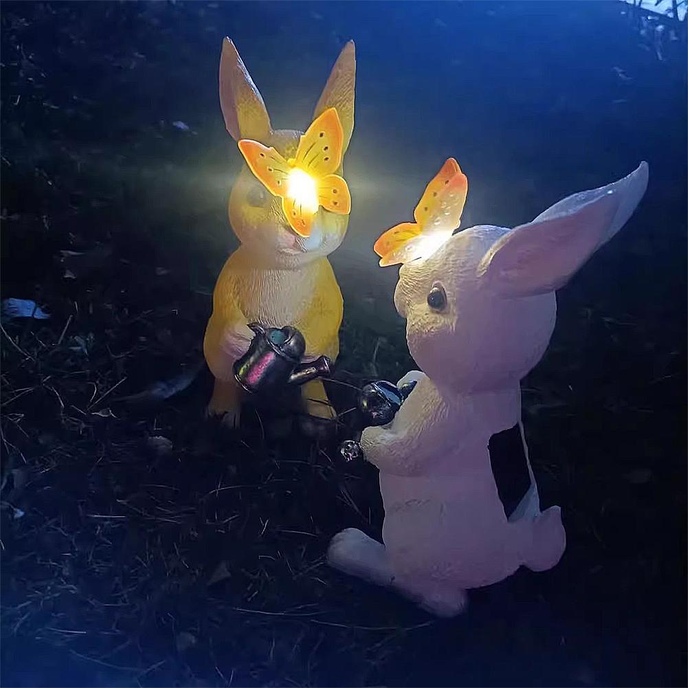 Solar Cute Rabbit Night Light Resin Rabbit Statue Night Lamp Creative Rabbit Butterfly Figurine Light Easter Outdoor Decoration