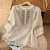 Damen Sommer Baumwoll-Leinen Retro Diamantmuster Bestickter Pullover: Elegantes und lässiges 3/4-Ärmel-Top für den Weg zur Arbeit