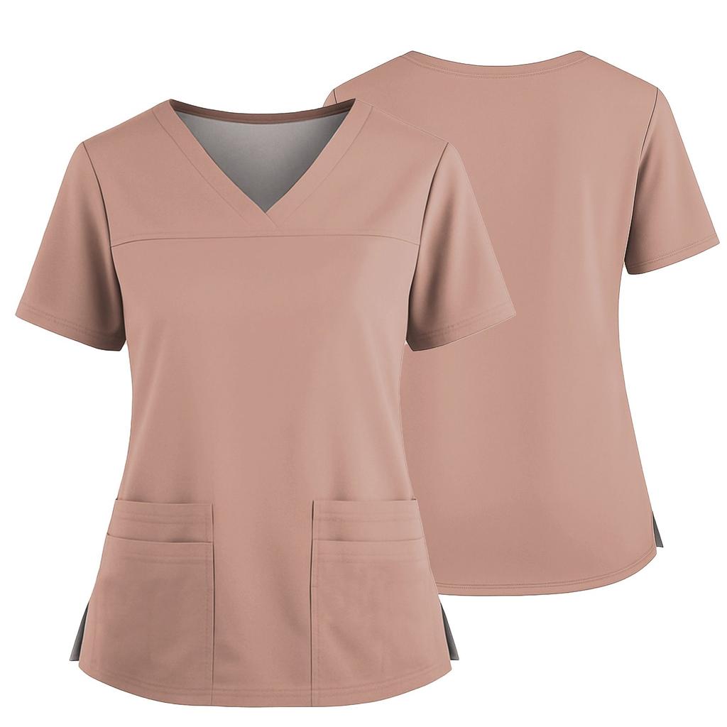 Women's Uniform Color V-Neck Pocket Side Slit Uniform Short Sleeved Top Top