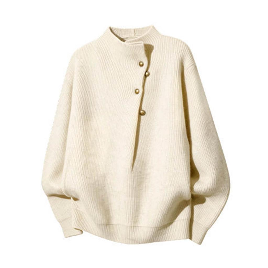 Men's High Neck Loose Fit Knit Sweater with Button Asymmetric for Fall Winter