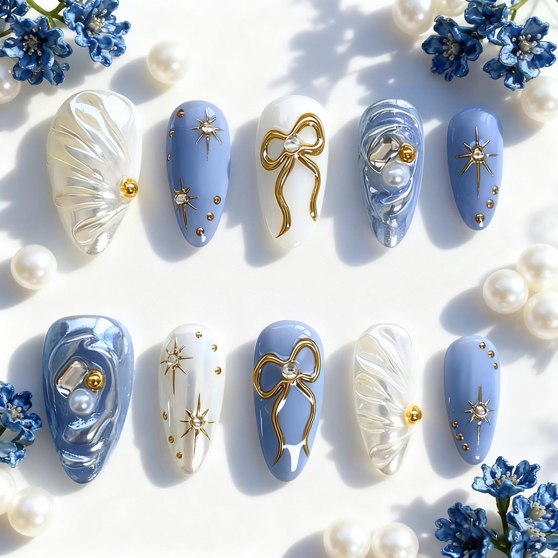 24-Piece Gold-Plated Almond 3D Bow & Star Rhinestone Nail Art Set