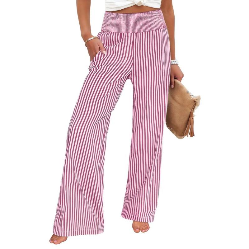 Vertical Stripe High Waist Wide Leg Pants Women's Loose Dose Casual Pants Lightweight Breathable Pocket Trousers
