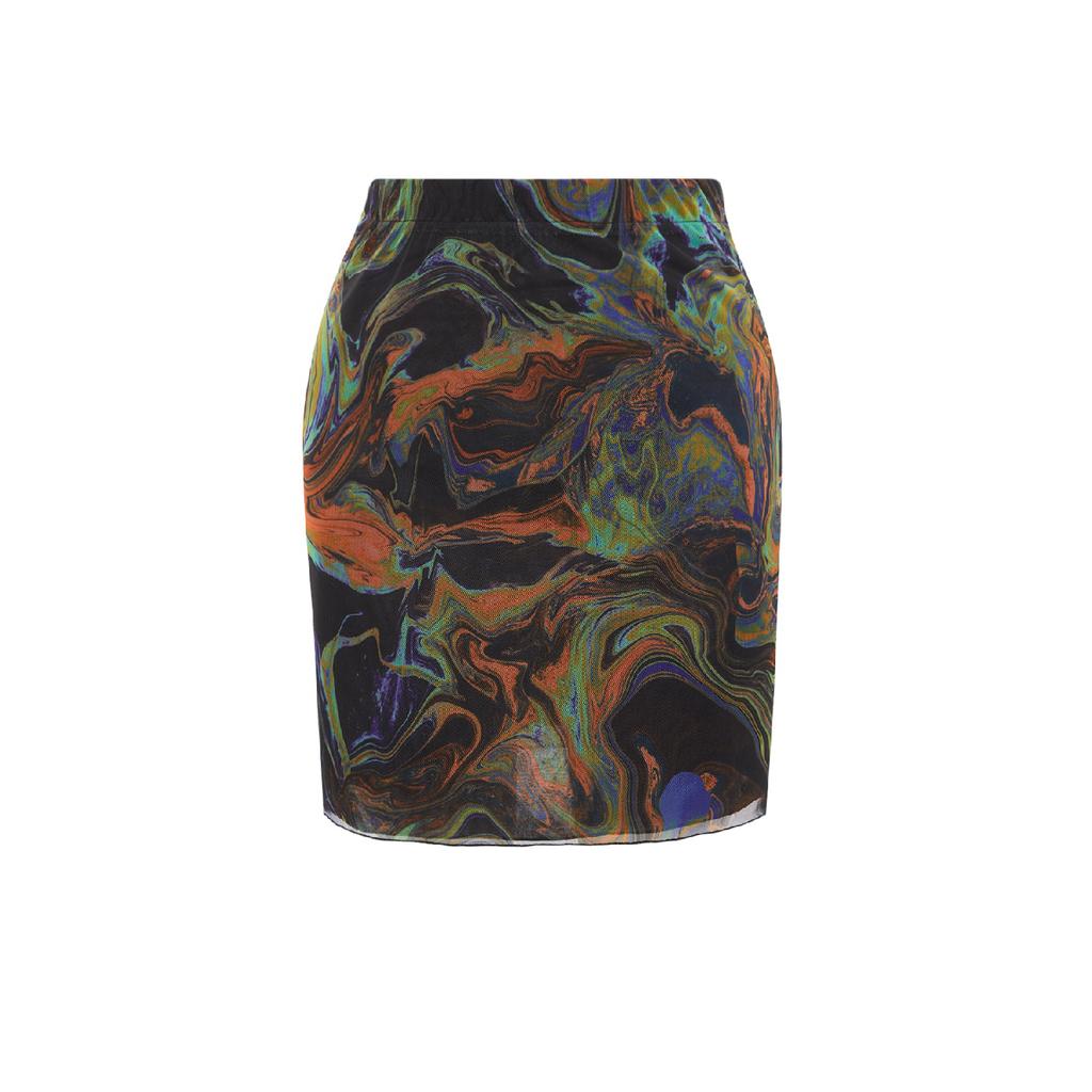 Brown Printed Tulle High Waist Lined Mini Knitted Skirt Twoss23et00050