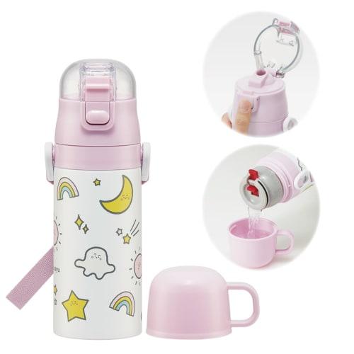 Skater Kids' Stainless Steel Water Bottle, 2-Way Design, Straw/410ml Capacity, Cup/350ml Capacity, Shinapushu Design, Child-Friendly, Lightweight, Ins