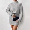 Women Spring Long Sleeve Solid Color High Neck Knitted Dress Autumn Casual Above Knee High Waist Pit Stripe Hip Hugging Dresses