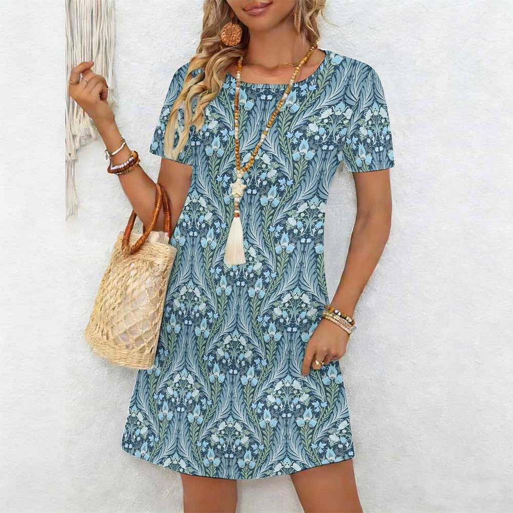 Moda damska Eleganckie piękne kwiatowe nadruki Lato Wiosna Krótki rękaw O-Neck Sukienki codzienne