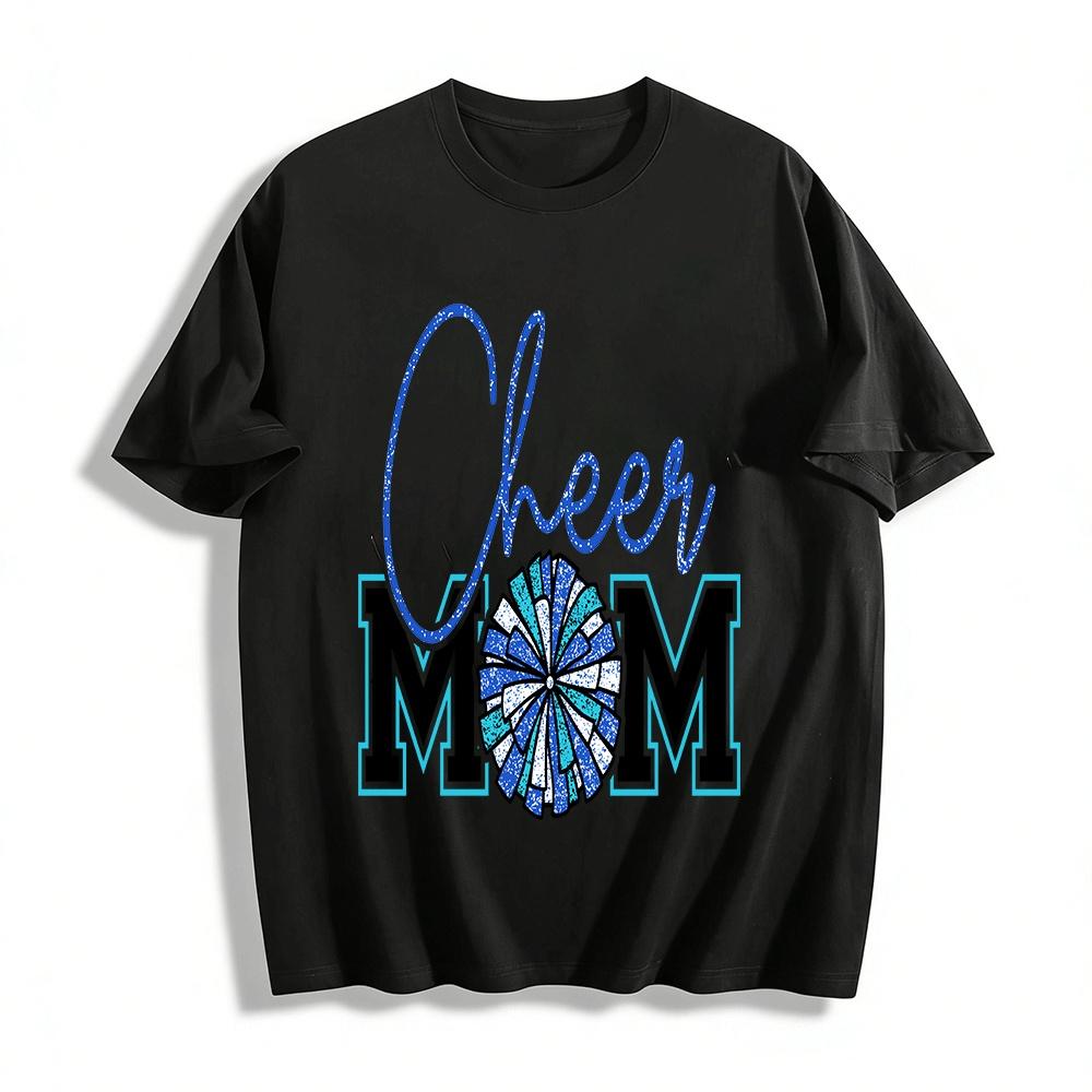Cheer Mom Graphic Tee Blue Pom Pom Print Cheerleading Parent Shirt Pure cotton T-shirt XXS