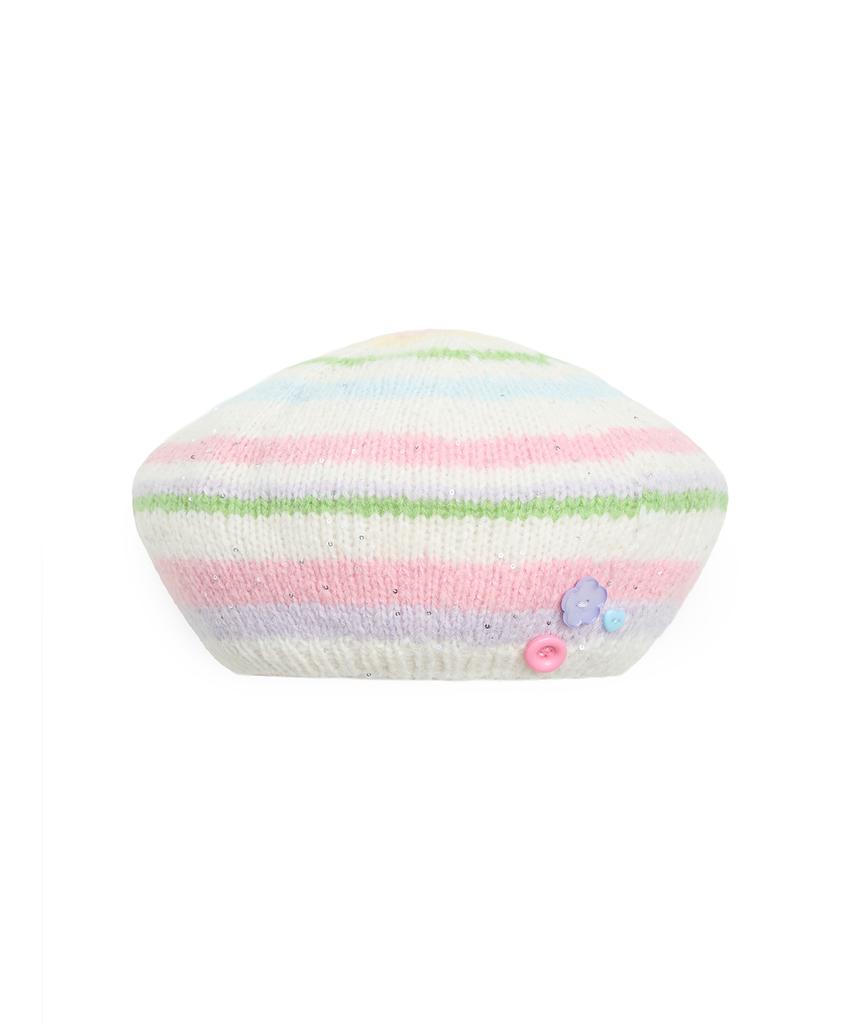 Seuwingses Striped Button Knit Beret (Pastel)