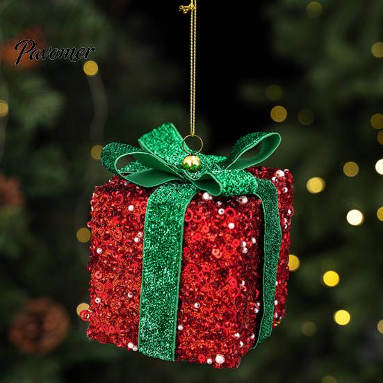 Holiday Party Supplies Christmas Gift Box Ornament with Glitter, 3D Present Hanging Decor Xmas Tree Decorations Green Ribbon Bow, Pendant, Festive