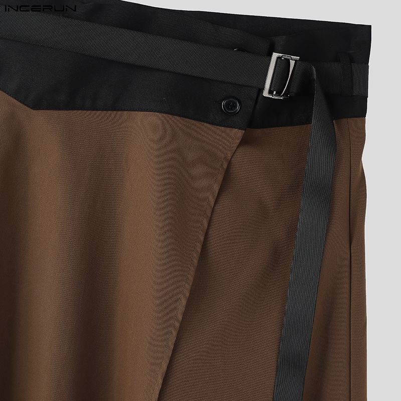 INCERUN Men Women Patchwork High Waist Belt Casual Ruffled Pleated Skirts