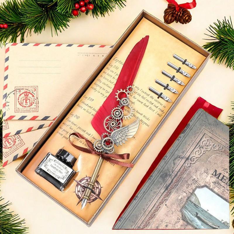 Vintage Map Feather Dip Pen Set Brass Base Wax Seal Stamp Gift Box Holiday Birthday