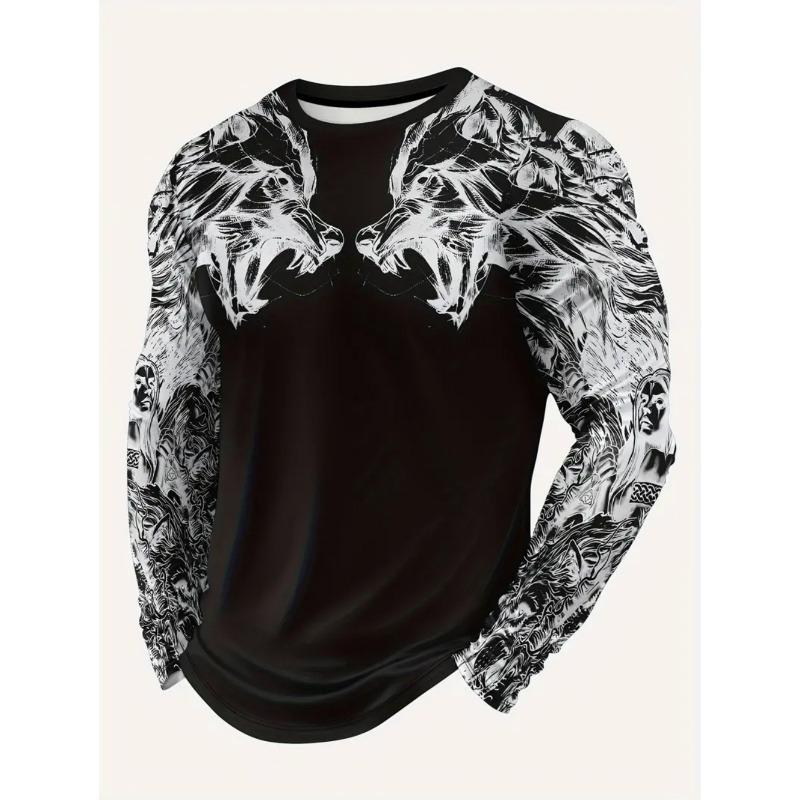 Vintage T-Shirt Animal Print Long Sleeve Tee Hunting Round Neck Shirt Fashion Spring Autumn Pullover Top Casual T Shirts for Man