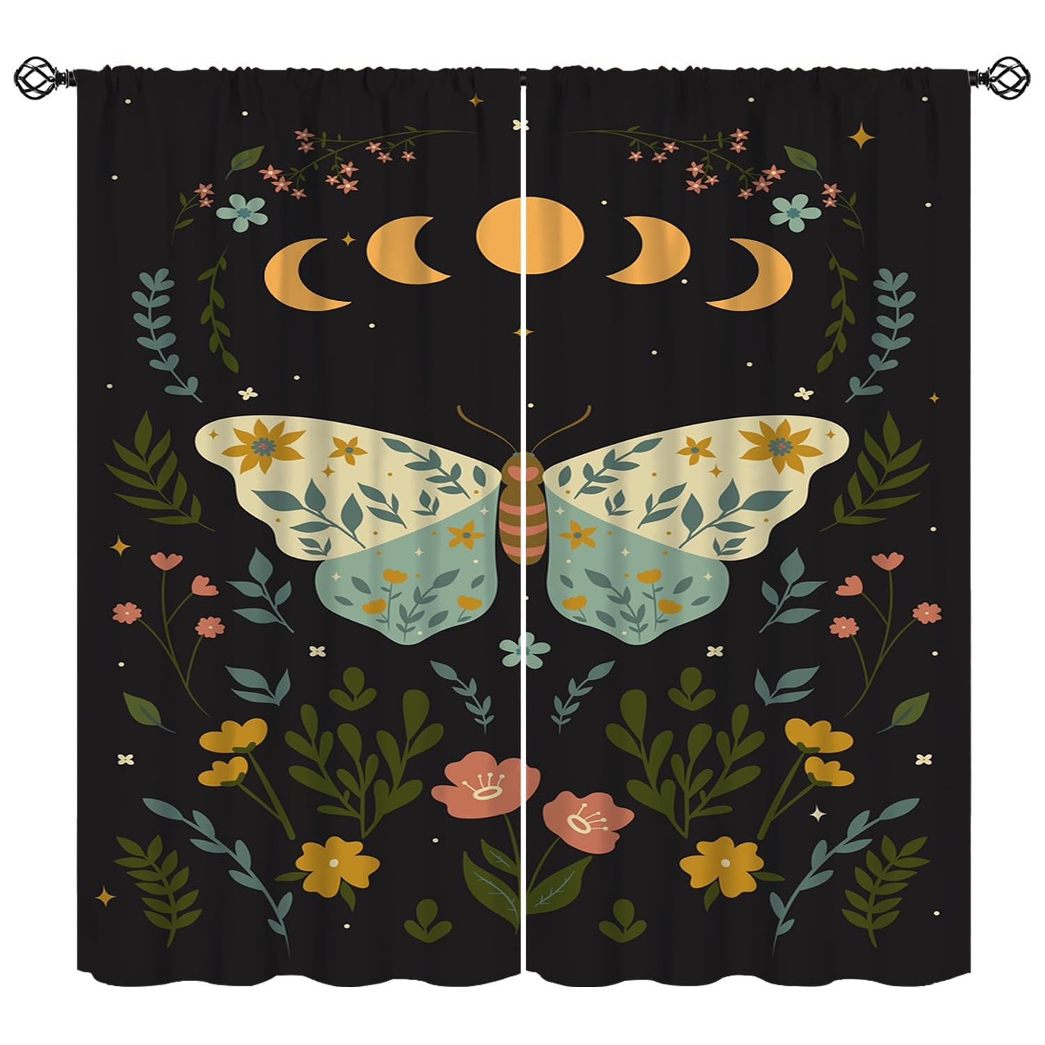 

2pcs Boho Moon Moth Curtains Celestial Star Print Polyester Drapes for Living Room Bedroom Home Decor Window Treatment 53x116CM&Rod Pocket&2 panels