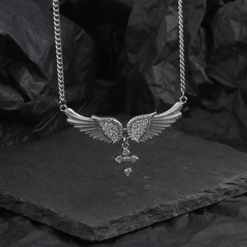 Fashion Angel Wing Inlaid Diamond Cross Clavicle Necklace Pendant For Men Women